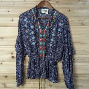 Savanna Jane Top Womens Small Multicolor Boho Long Sleeve Blouse Embroidered